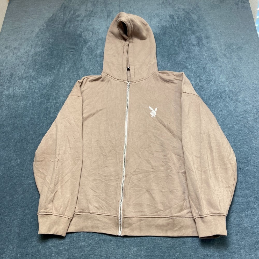 Playboy Missguided Hoodie Womens 8 Beige Fleece Lined Ribbed Hem Winter Full Zip